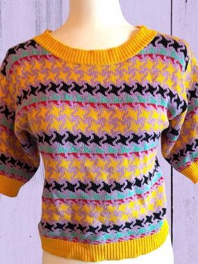 Parisian Works Yellow Multi-Color Houndstooth Kids Sweater